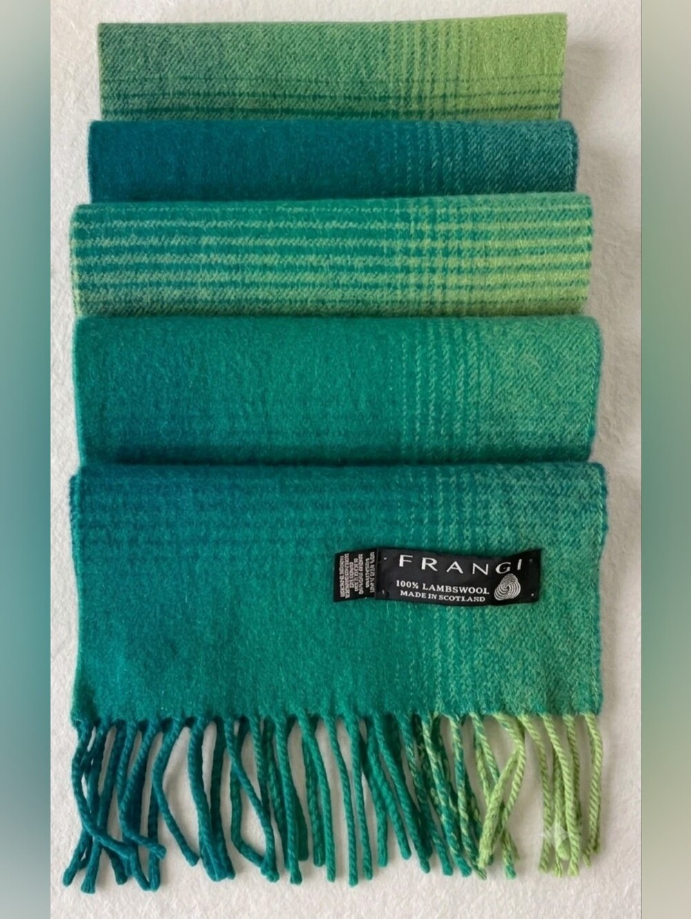 FRANGI 100% Lambswool Green Gradient Scarf Made in Scotland 70"x 9.5"